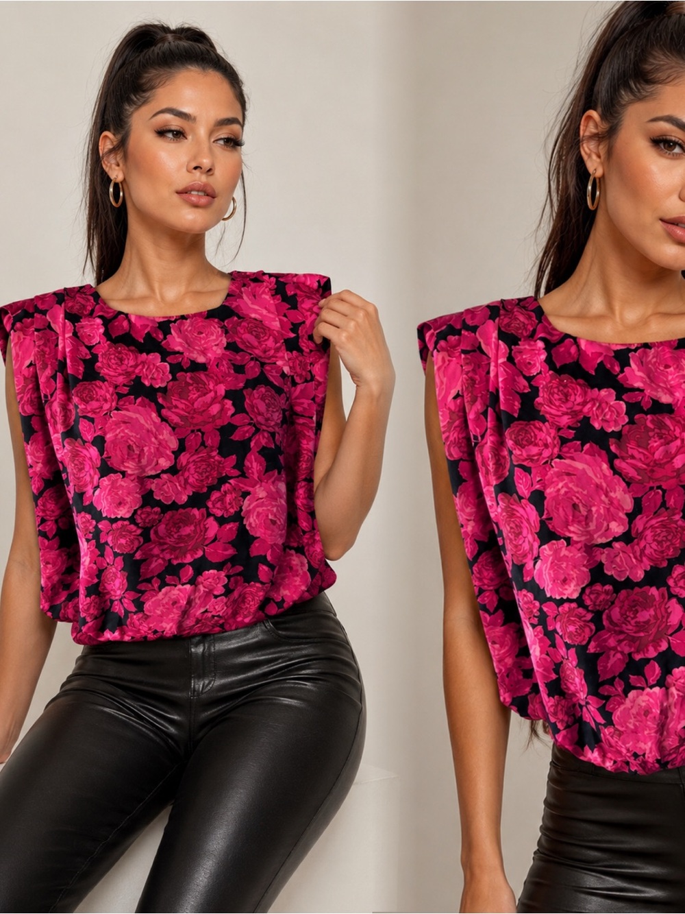 DO+BE Hot Pink Floral Padded-Shoulder Tank Top